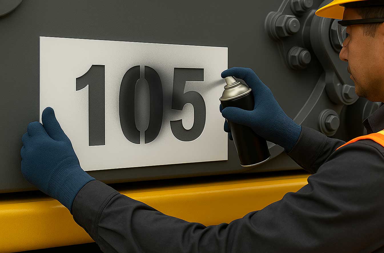 A man spray painting a unit number on the side of heavy equipment