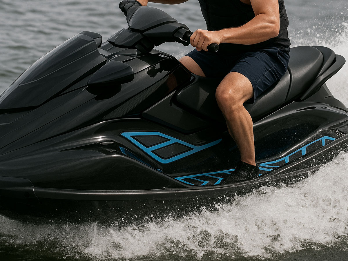 a man riding a jetski with custom eva foam in the foot wells of the watercraft